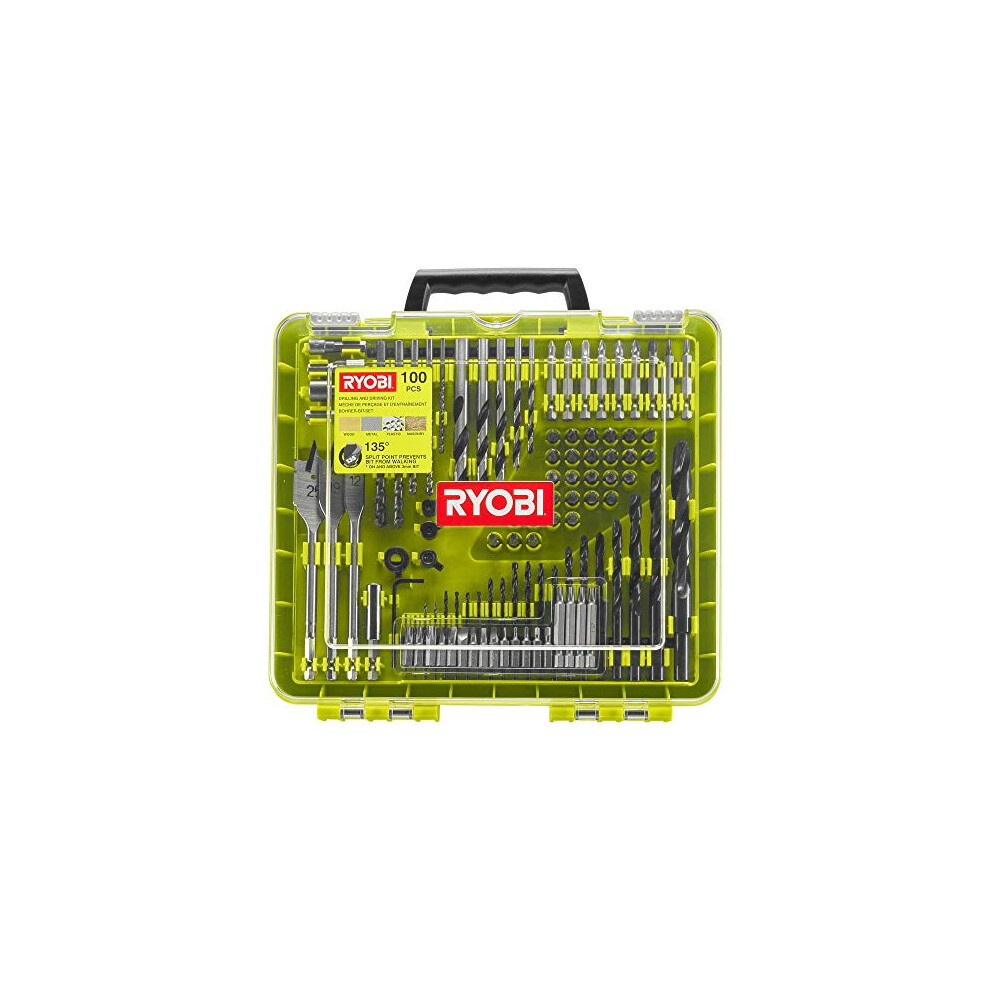 Ryobi Rakdd100 Drilling & Driving Kit (100-Piece) – Versatile Screwdriver, Masonry & Spade Bits In Clear Organizer Case