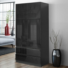 (Black) High Gloss 2 Door Wardrobe With 2 Drawers Cabinet Storage