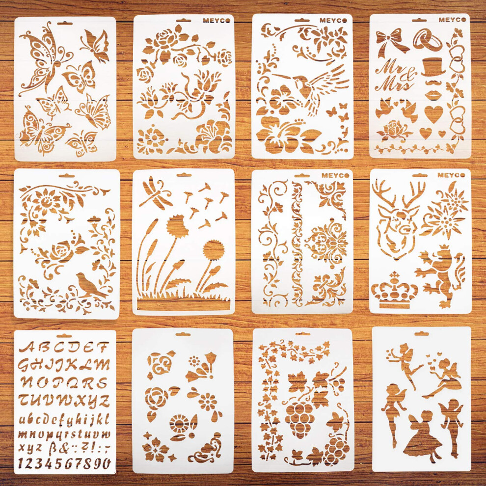 12pcs Drawing Painting Art Stencil Templates - Stencils on Wood and Walls, Reusable Plastic Stencils