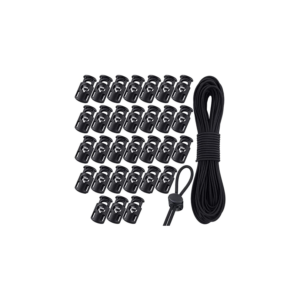 Plastic Cord Locks And Black Elastic Cord, 10M Bungee Cord With 30 Pcs Drawstring Locks, Spring Toggle Stoppers Fastener Slider With Elastic 789548319804