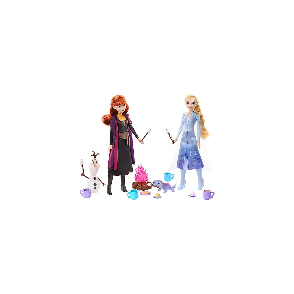 Forest Adventures Gift Set with 2 Dolls, 2 Friend Figures and 12 Camping Accessories, Includes Elsa and Anna Dolls, HPD52