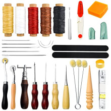 25Pcs Leather Craft Hand Tool Kit Hand Stitching Sewing Tool Handy Stitching Needle Waxed Tread Awl Groover Kit for DIY Leather Stitching Craftwork