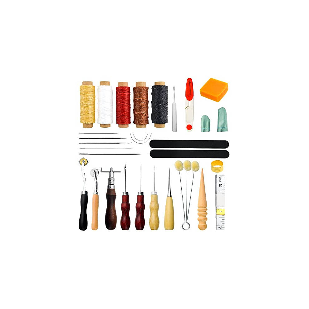 25Pcs Leather Craft Hand Tool Kit Hand Stitching Sewing Tool Handy Stitching Needle Waxed Tread Awl Groover Kit for DIY Leather Stitching Craftwork