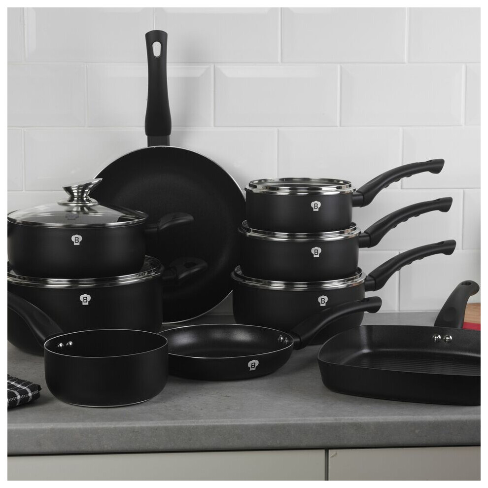 (Matt Black) 14 Pcs Blaumann Cookware Pots Grill Pans Set With Soft Touch Handles Glass Lids