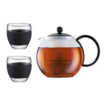 Assam Set Tea Press, Borosilicate Glass, 1.0 L/34 oz with 2 Glasses of 0.35 L/12 oz