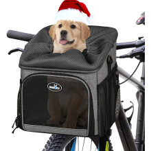 Dog Bike Basket Carrier, Pet Bicycle Front Carrier Backpack for Bike Riding Foldable Removable, Reflective Strips, 2 Side Storage Pockets, Pet Travel
