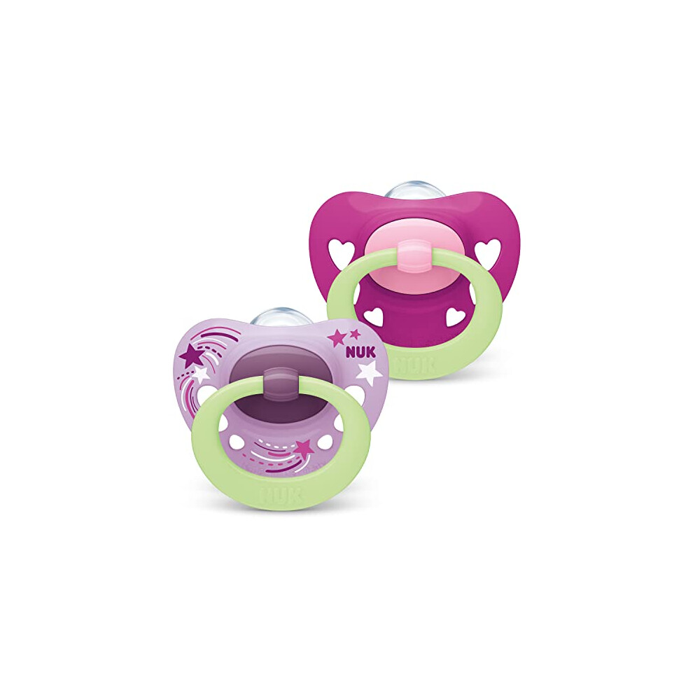 Signature Night Dummy, 18-36 Months, Dummy with Luminous Effect, BPA- Silicone, Purple Hearts, Pack of 2