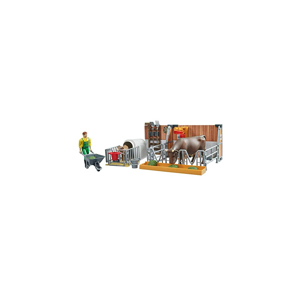 Tiere 62611 â Bworld Cow and Calf Hutch with Farmer & Accessories â 1:16 Agriculture Farm Stable Bull Animals Toy, Multicoloured