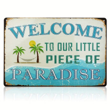(No.2-20x30CM, only one) Welcome To Our Little Piece Of Paradise Welcome Metal Tin Signs For Front Door, Farmhouse Garden Outdoor Funny Wall Decor 8x12inch