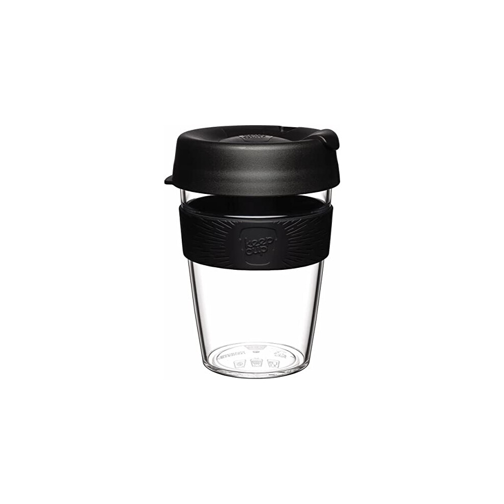 Original Clear, Reusable Plastic Coffee Cup | Splashproof Lid, BPA Free, Barista Grade | Medium | 12oz / 340ml | Black