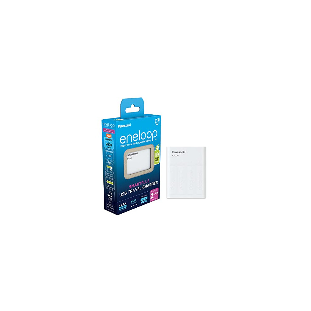 Panasonic Eneloop Smartplus Usb Travel Charger For 1-4 Aa/Aaa Ni-Mh Batteries, With Usb Port And 10 Security Functions, Includes 4 Eneloop Aa/Mignon 5410853065159