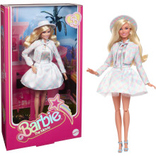 Poup  e Barbie The Movie Margot Robbie en poup  e Barbie de collection portant un ensemble assorti    carreaux bleus avec chapeau et veste assortis