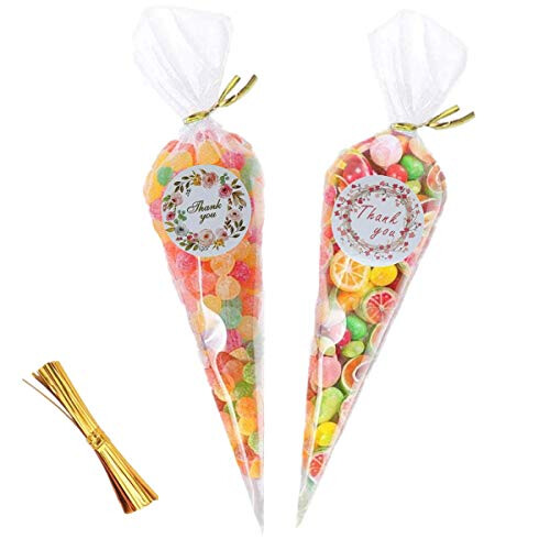 Large Sweet Cone Bags, 100Pcs 37 x 17cm Clear Treat Bags with Gold ...