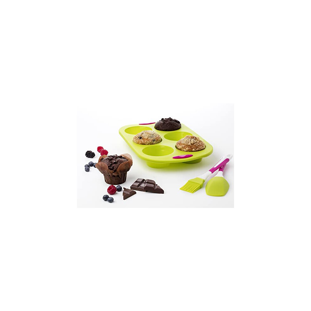 Maxi Nature 6-Cup Muffin Tray with Baking Brush & Spatula - Non Stick, Durable, Easy to Clean - Microwave, Dishwasher & Freezer Safe - Silicone Moulds