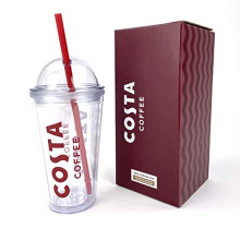 Costa Coffee Iced Coffee Cup Gift Set - Plastic Reusable Cup with Straw and Lid (BPA Free) - 450ml Volume - Official Costa Gifts for Coffee Lovers