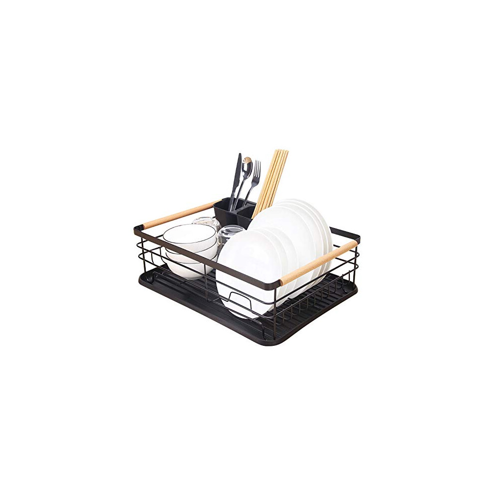 Metal Dish Rack with Drip Tray, Dish Drainer and Removable Cutlery holder - Black