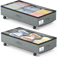 Under Bed Storage Bag with Wheels, 2-Pack Underbed Storage Organizer with Zips & PVC Window, Large Linen Under Bed Storage Box for Easy Access &
