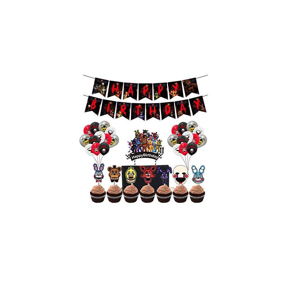 FNAF Party Supplies Set:Include 1 FNFA Brithday Banner, 7 Animal Cake Toppers, 1Big Cupcake Toppers, 24 Latex Balloons for FNAF Theme Party Decoration