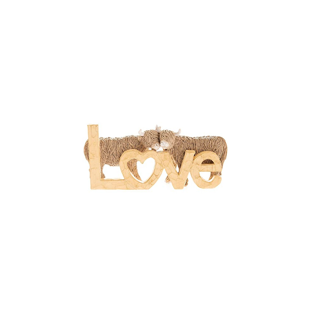 Wood Effect Love Highland Cow Ornament 9.5cm x 20cm