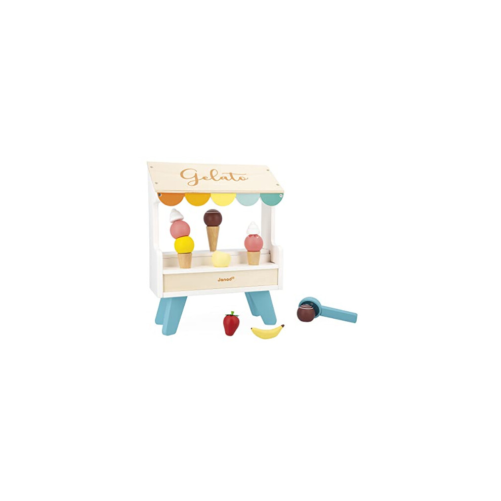 Ice Cream Stand-14 Magnetic Accessories-Pretend Play FSC Wooden Toy-3 Years +, J06558, Multicolor, M