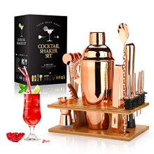 Cocktail Shaker Making Set: 16pcs Bartender Kit with Eco Bamboo Stand - Stainless Steel Bar Tool Set Scandinavian Style Home DIY Kit (Rose Gold)