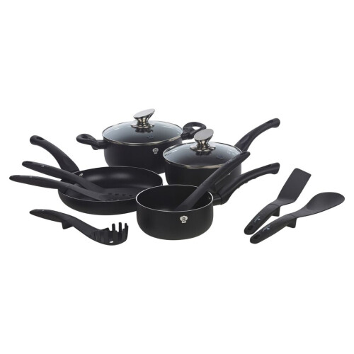 Blaumann (Matt Black) 12Pc Set Blaumann Cookware Frying Pots Saucepan Casserole Soft Touch & Tool Set