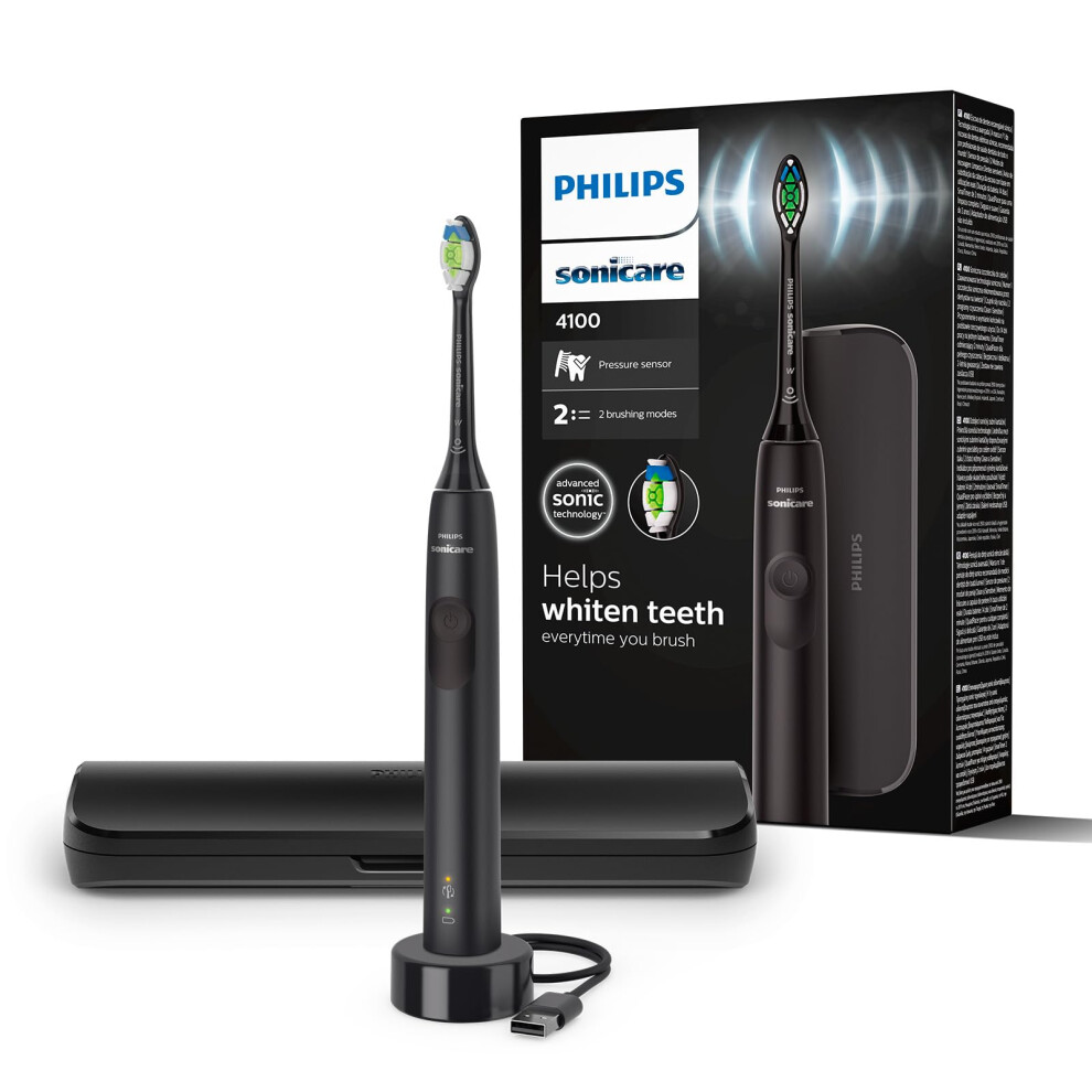 Sonicare 4100 - Philips Sonicare Electric Toothbrush for Adults with 1 x Philips W2 Optimal White Sonic Brush Head in Black, Slim Travel Case and USB