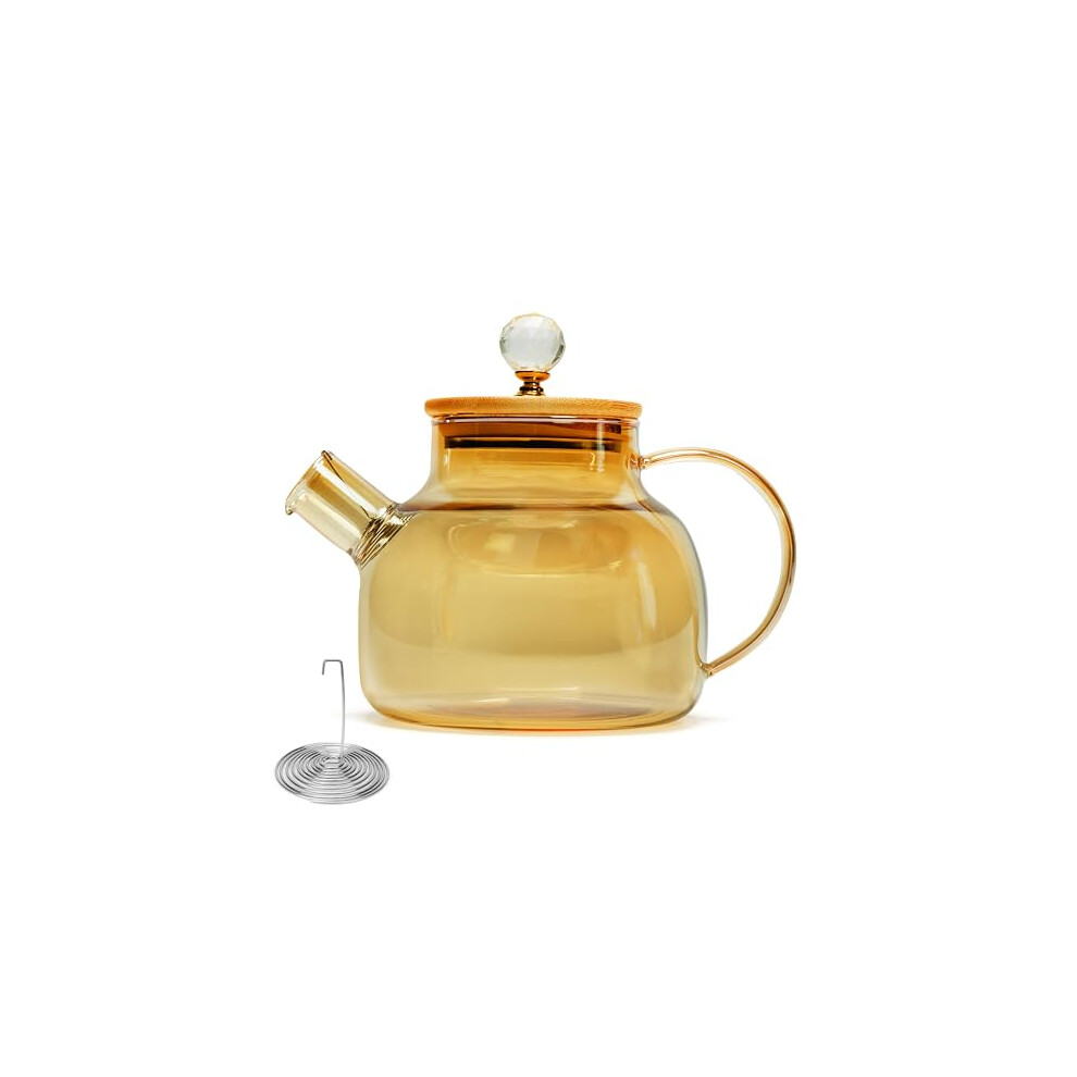 Plain Glass Teapot with Bamboo Lid - 1L/34oz Borosilicate Glass Jug with Strainer Insert - Stovetop Safe Kettle with Filter Spout for Loose