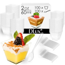 DLux 100 x 2 oz Copos de Sobremesa Mini com Colheres, Quadrados - Copo de Plástico Claro