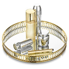 Gold Mirror Perfume Tray: Decorative Table Trays Glass Vanity Organiser Metal Round Mirrored Vintage Makeup Tray for Jewellery Serving Bedroom