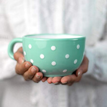 City to Cottage Teal Blue and White | Polka Dot Spotty | Designer Handmade Hand Painted | Unique Ceramic Extra Large 17.5oz/500ml | Cappuccino