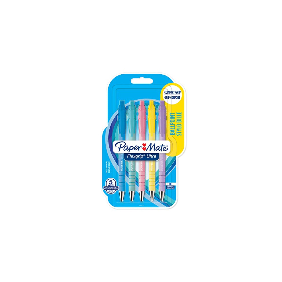 Flexgrip Ultra Pastel Ballpoint Pens | Medium Point (1.0mm) | Blue Ink | Pastel Barrels | 5 Count