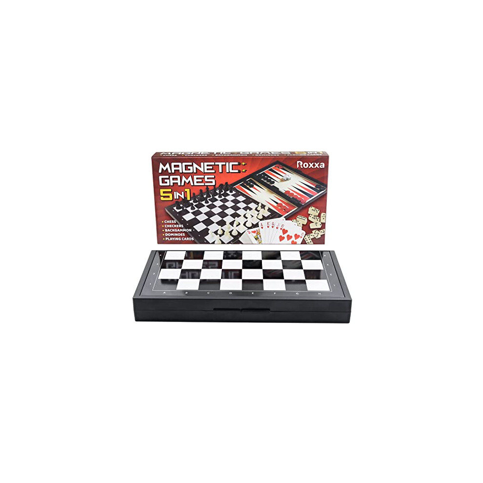 5 in 1 Mini Board Games Set: Magnetic Chess, Draughts, Checkers, Dominoes, Backgammon, Playing Cards