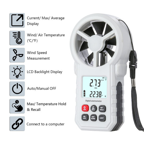 Digital Anemometer, Handheld Wind Speed Meter with Temperature/Humidity Sensor, USB & Bluetooth Connectable Air Flow Meter Wind Gauge for 1