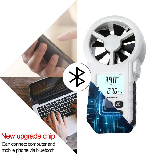 Digital Anemometer, Handheld Wind Speed Meter with Temperature/Humidity Sensor, USB & Bluetooth Connectable Air Flow Meter Wind Gauge for 2