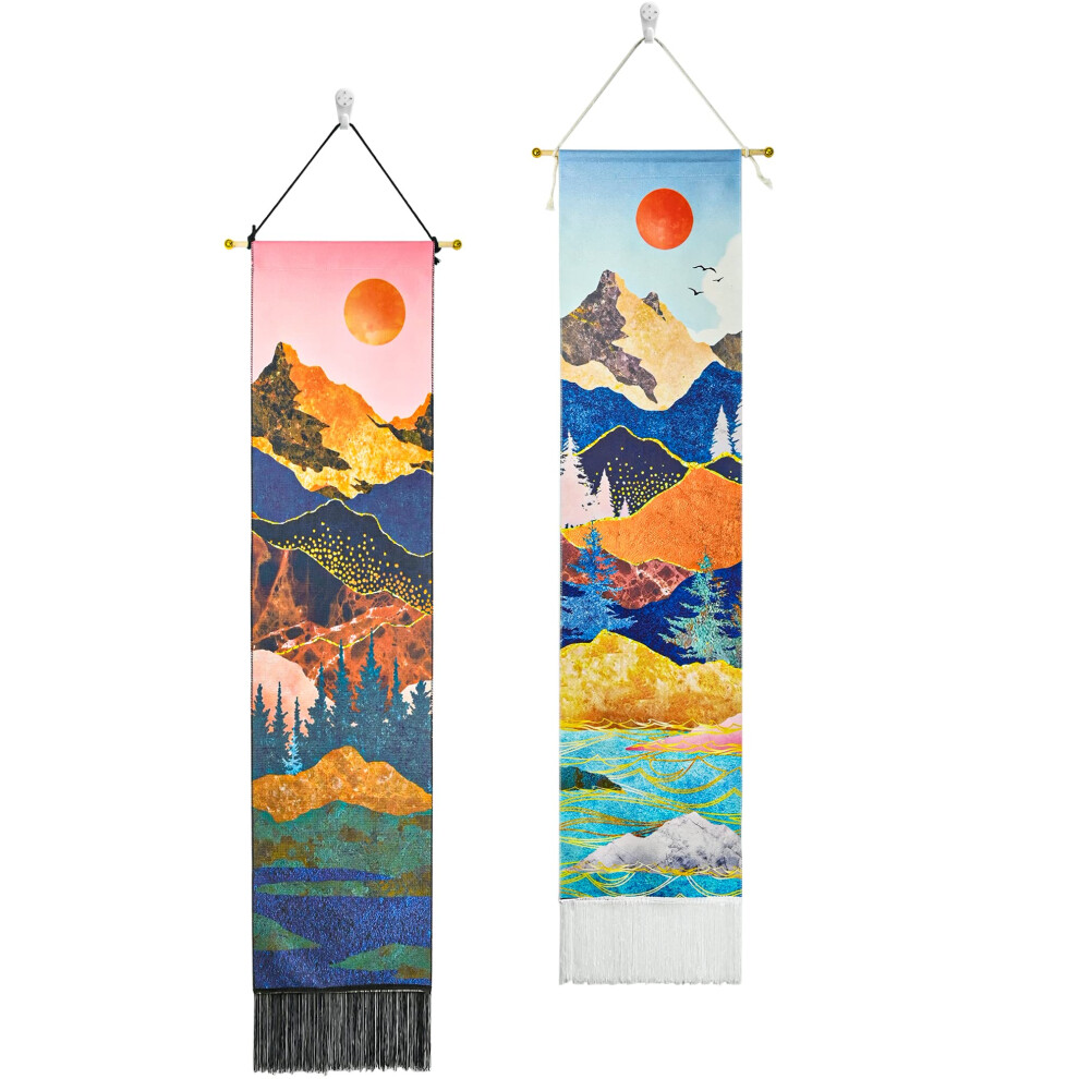 Simdao 2Pcs Mountain Tapestry, Sunrise And Sunset Tapestry With Tassels, Wall Hanging Nature Landscape Tapestry, Forest Tree Tapestries For Home Decorations
