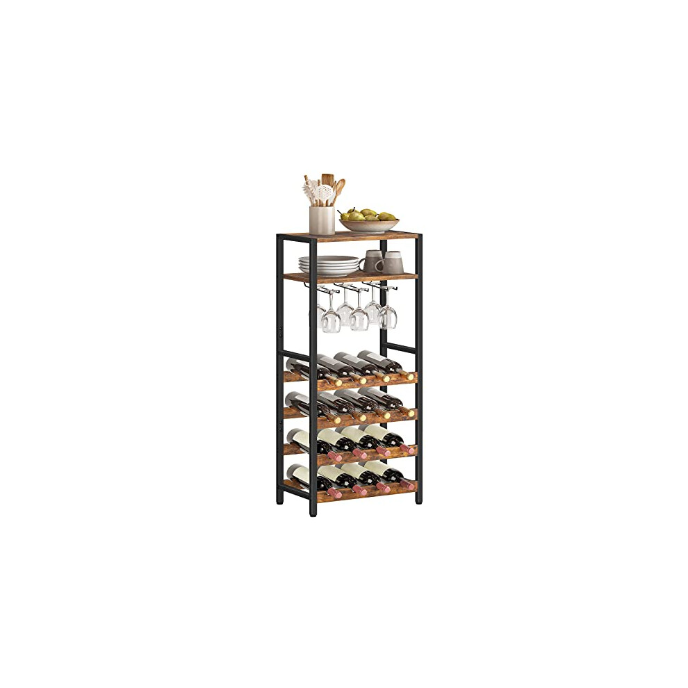 Wine Racks, Wine Holder Display Storage Shelves, Wooden Wine Shelf, 16 Bottle Wine Storage Rack with Glass Holder, Bar Shelves, Tall, Industrial, for