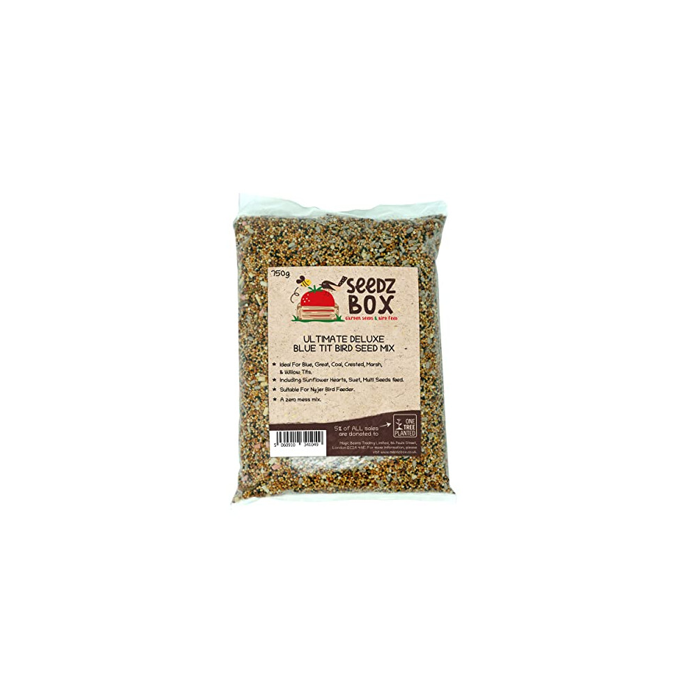 Blue Tit Bird Food Seed Mix 750g - Seedzbox Deluxe Bluetit Wild Bird Food - Ideal For Blue Great Coal Crested Marsh and Willow Tits - Sunflower Hearts