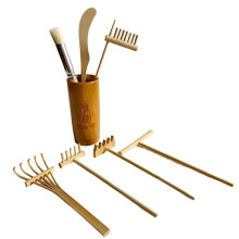 Natural Bamboo/Wood Made Miniature Six-Pieces Zen Garden Toolset Accessories for Meditation, Relaxation or Gift