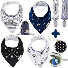 Bandana Drool Bib Set – Four 100% Cotton Bibs with Soft Polyester Lining, 2 Pacifier Clips, Binky Case, Navy Dot Gift Bag for Baby Girl or Boy
