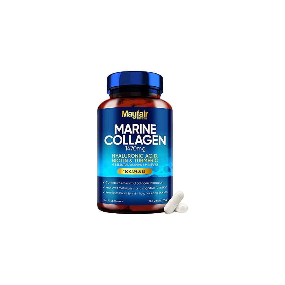 Mayfair Nutrition Marine Collagen 120 High Strength Capsules 1470Mg Complex With Hyaluronic Acid, Biotin, Turmeric, Vitamin C, E, B2, D3 & 3 Minerals Hydrolyzed