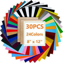 30Pcs Heat Transfer Vinyl Sheets, 24 Colors HTV Bundle Permanent Adhesive Heat Transfer Paper Backed Vinyl Sheets for DIY T-Shirts Hat Clothing