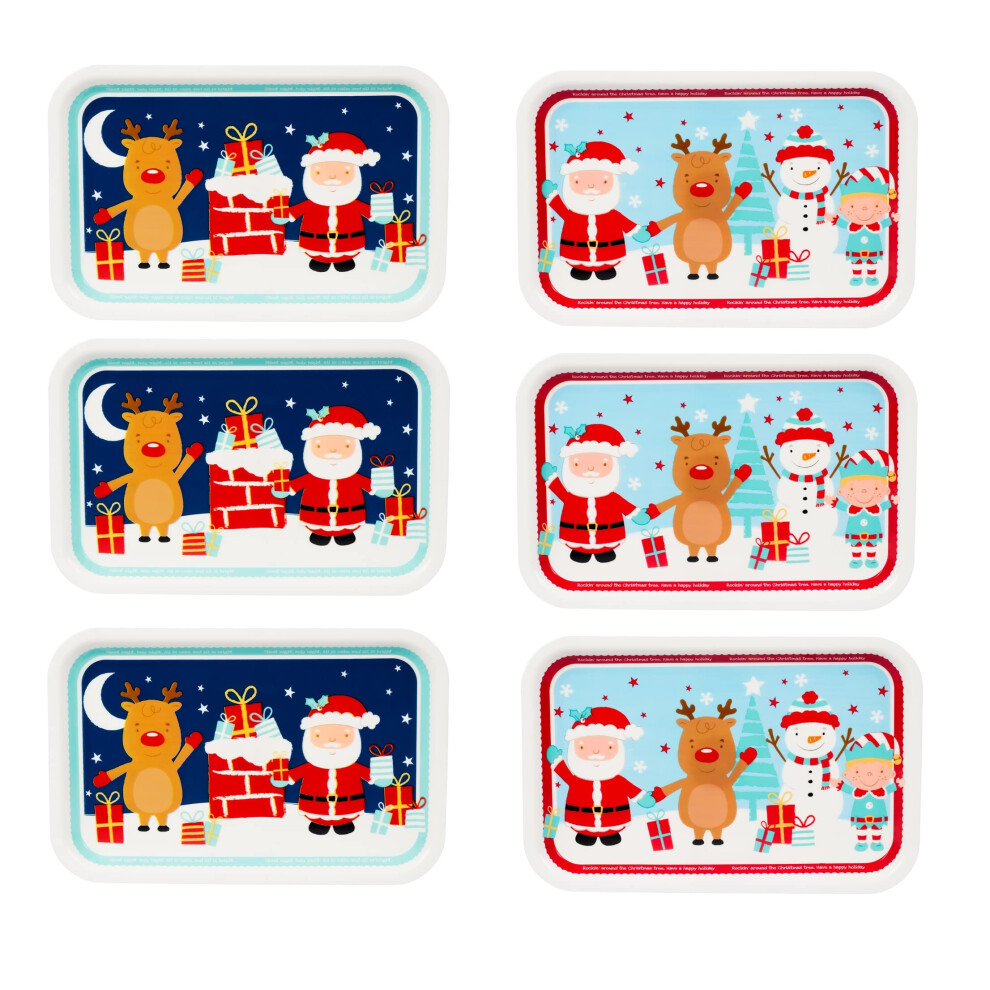 Set of 6 Fun Children's Christmas Themed Plastic Festive Serving Tray - Stackable, Reusable Tableware Trays - Ideal for Kids Parties, Snacks,