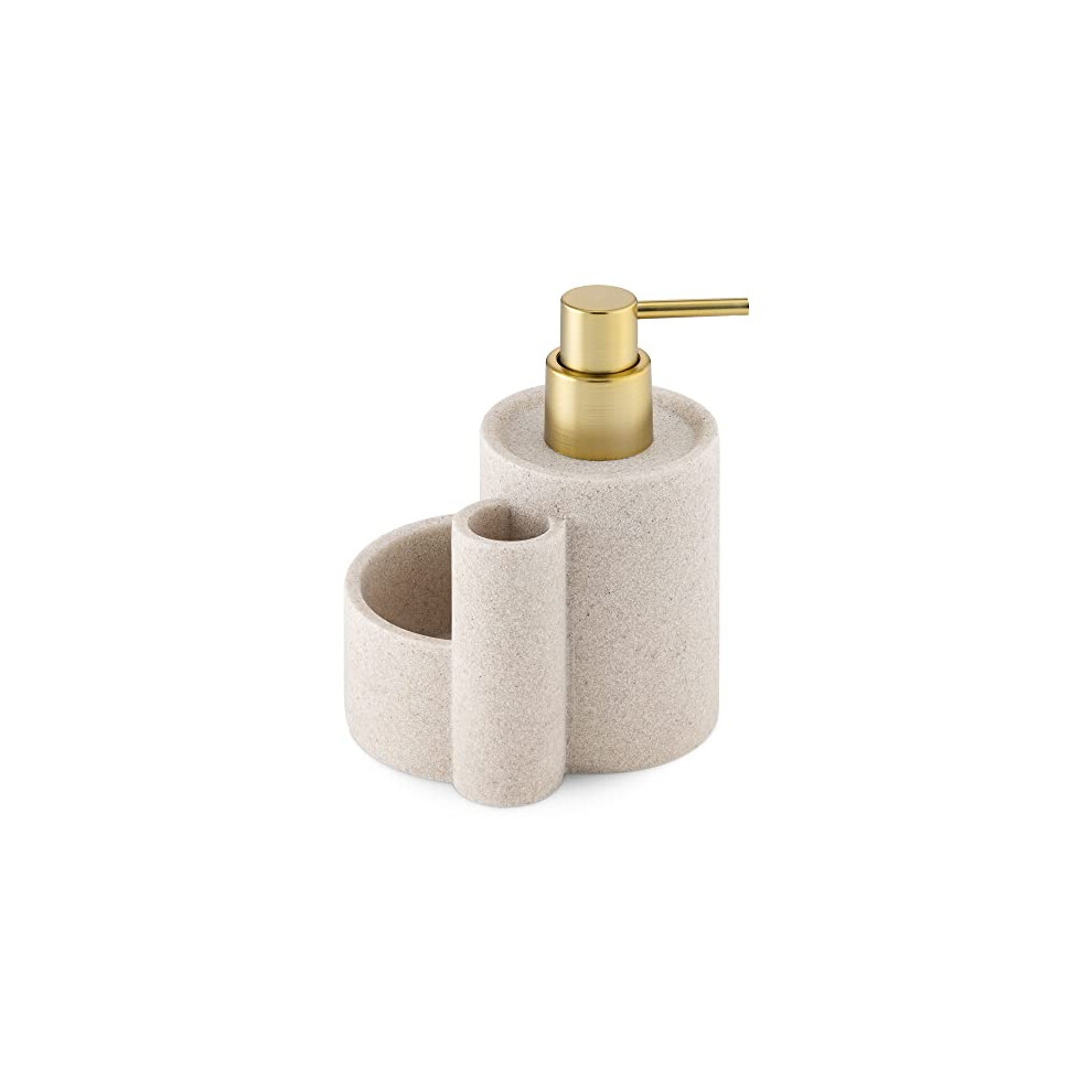 Kitchen Soap Dispenser Caddy - Washing Up Liquid Dispenser with Sponge Tray and Brush Holder - Refillable Pump for Countertop - Beige/Brass