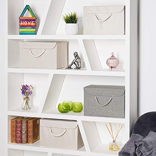 Grey Fabric Storage Boxes with lids. Stackable and Foldable. For wardrobes, shelves, clothes, bedroom, office, cupboard, keepsake memory box, crafts, 2