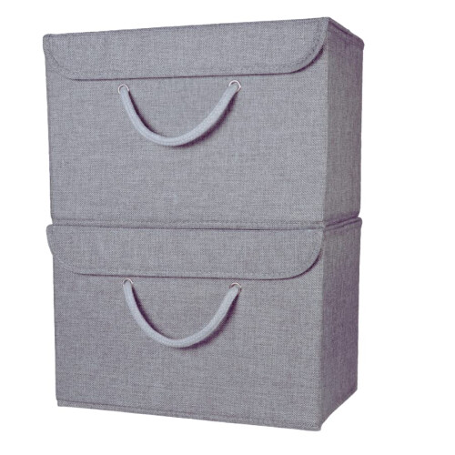 Grey Fabric Storage Boxes with lids. Stackable and Foldable. For wardrobes, shelves, clothes, bedroom, office, cupboard, keepsake memory box, crafts,
