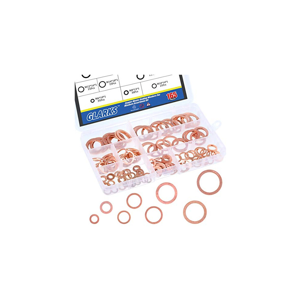 165Pcs Metric Flat Ring Copper Sealing Washers Assortment Set - 8 Sizes of M6 M8 M10 M12 M14 M16 M18 M20-image-OPC-PDVF2TS-NEW