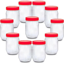 Pack of 12 Round 300ml Plastic Storage Jar With Screw Top Lids Red Airtight Food Containers BPA Free For Kitchen, Herb, Spices, Sweets Clear Canister