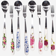 Coffee Spoon, 8 PCS Dessert Forks Beautiful Flowers Print Porcelain Dessert Spoon Stainless Steel Cake Fork with Decorative Porcelain Handles for