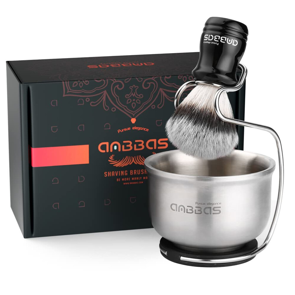 Anbbas 3In1 Vegan Style Synthetic Badger Hair Shaving Brush, 4"Od Stainless Steel Shaving Soap Bowl And Higher Brush Holder Stand Set For Men Close Shave Kit